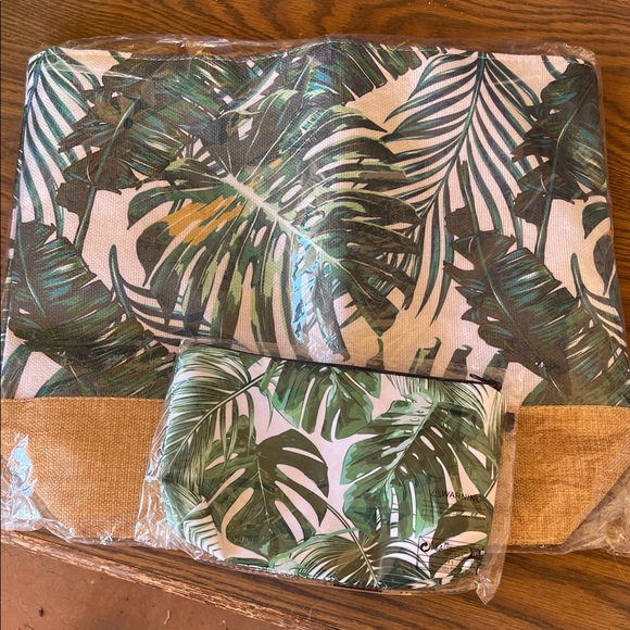 Tropical Leaf Print Tote Bag Set - Picture 2 of 2